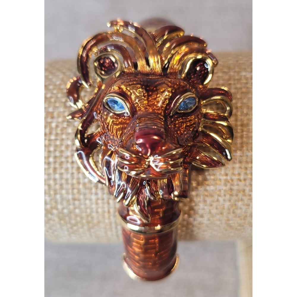 Vintage Kenneth Jay Lane KJL Lion Head Hinged Bangle Bracelet Brown Enamel Blue